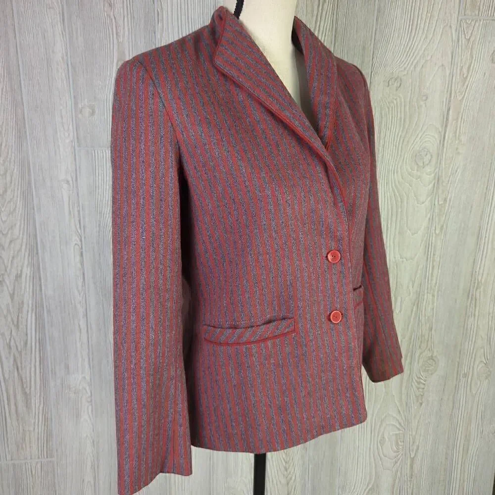 Marnie Womens Size 10 Two Button Closure Suit Jacket Red Blue Pinstripe Pockets